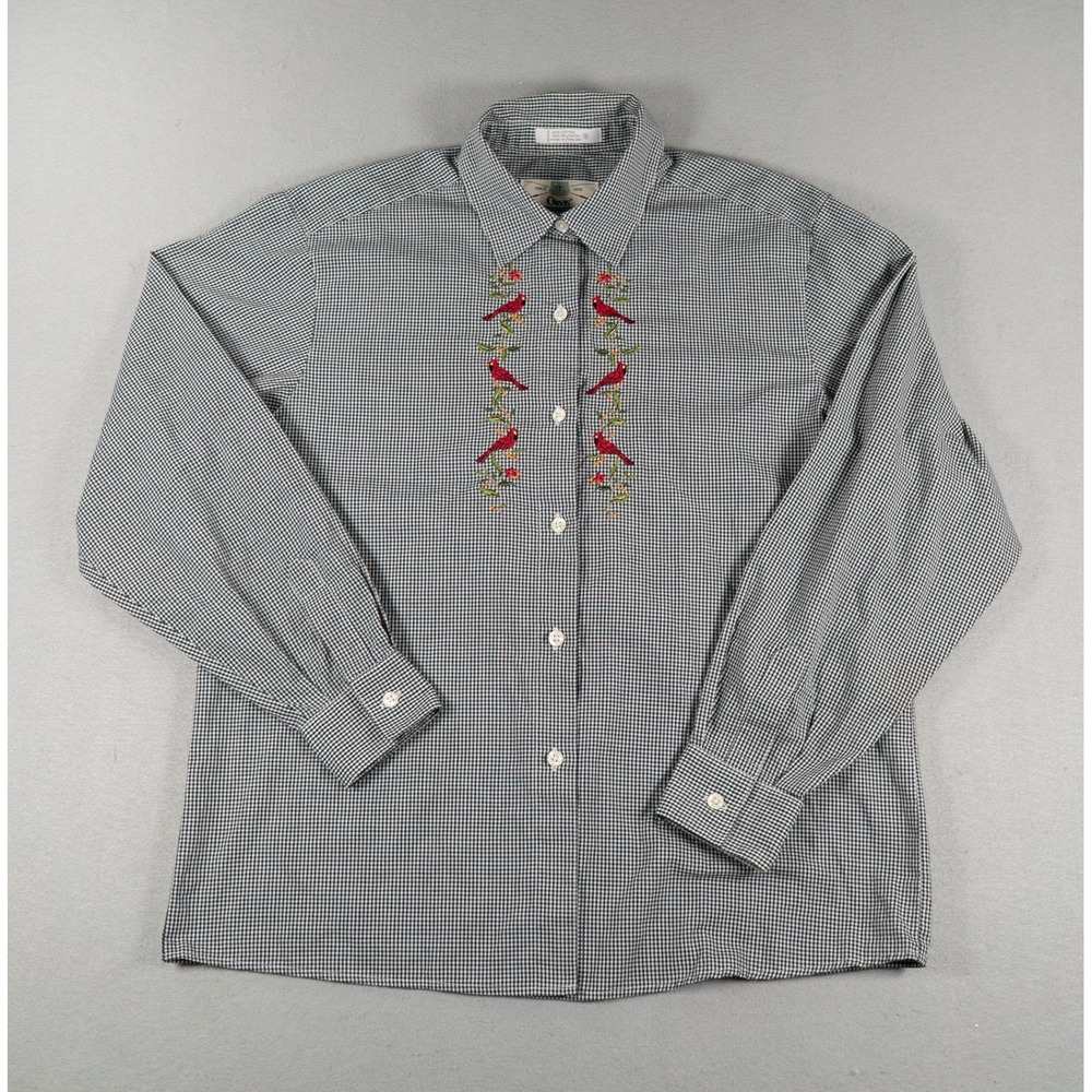 Orvis Embroidered Cardinal Gingham Button Down Shirt Cotton Blend Black White 8